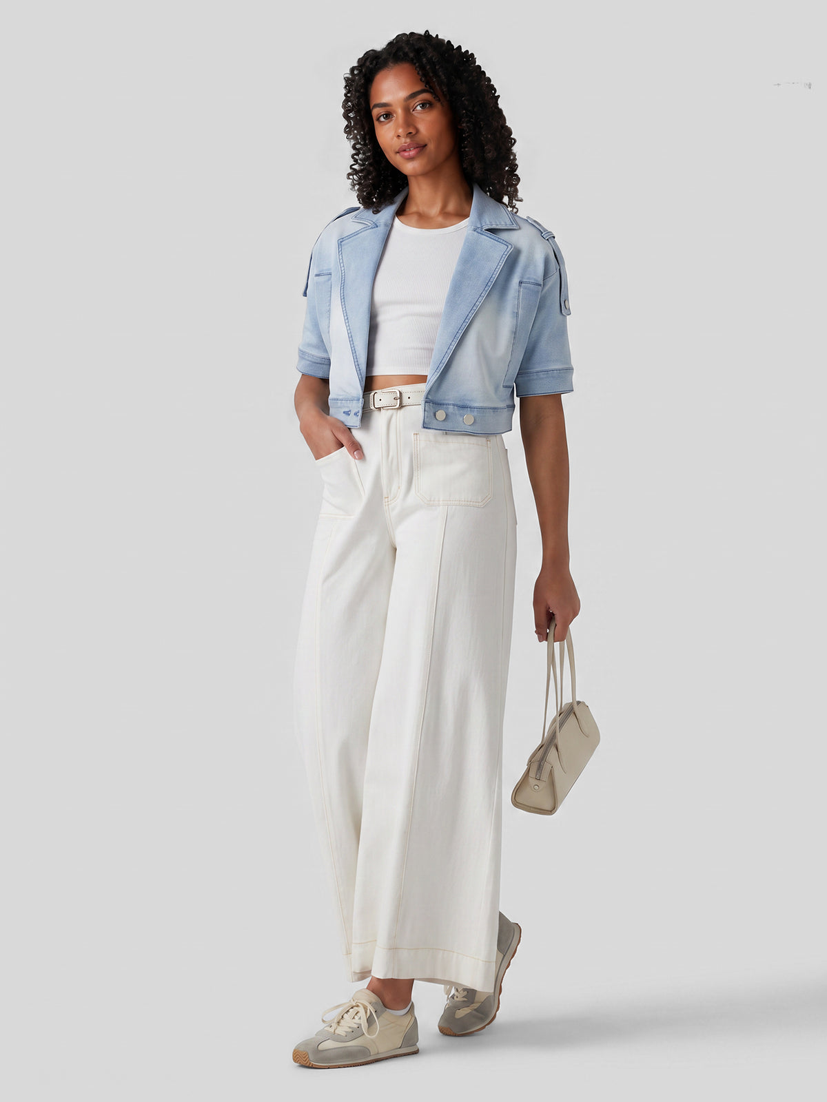 Cropped Short-Sleeve Denim Jacket in Light Wash