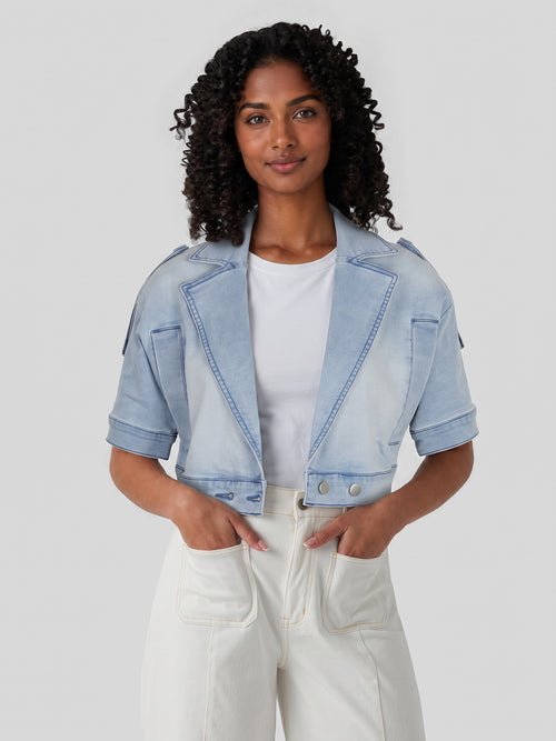 Cropped Short-Sleeve Denim Jacket in Light Wash