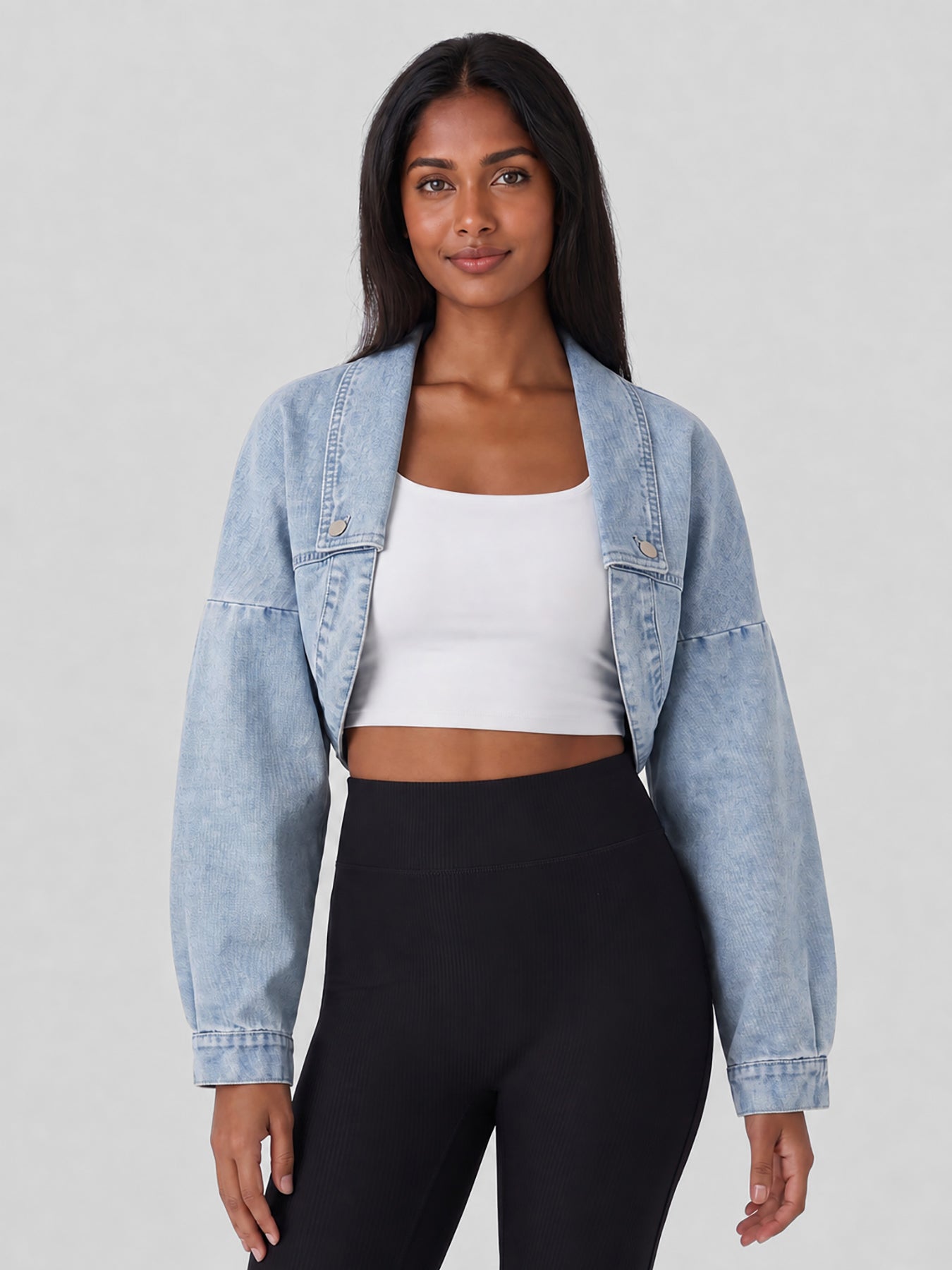 Open-Front Cropped Denim Jacket in Light Wash