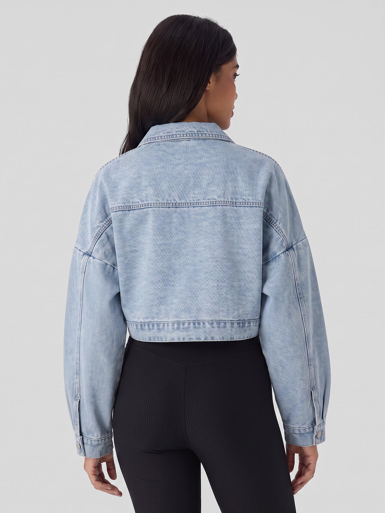 Open-Front Cropped Denim Jacket in Light Wash