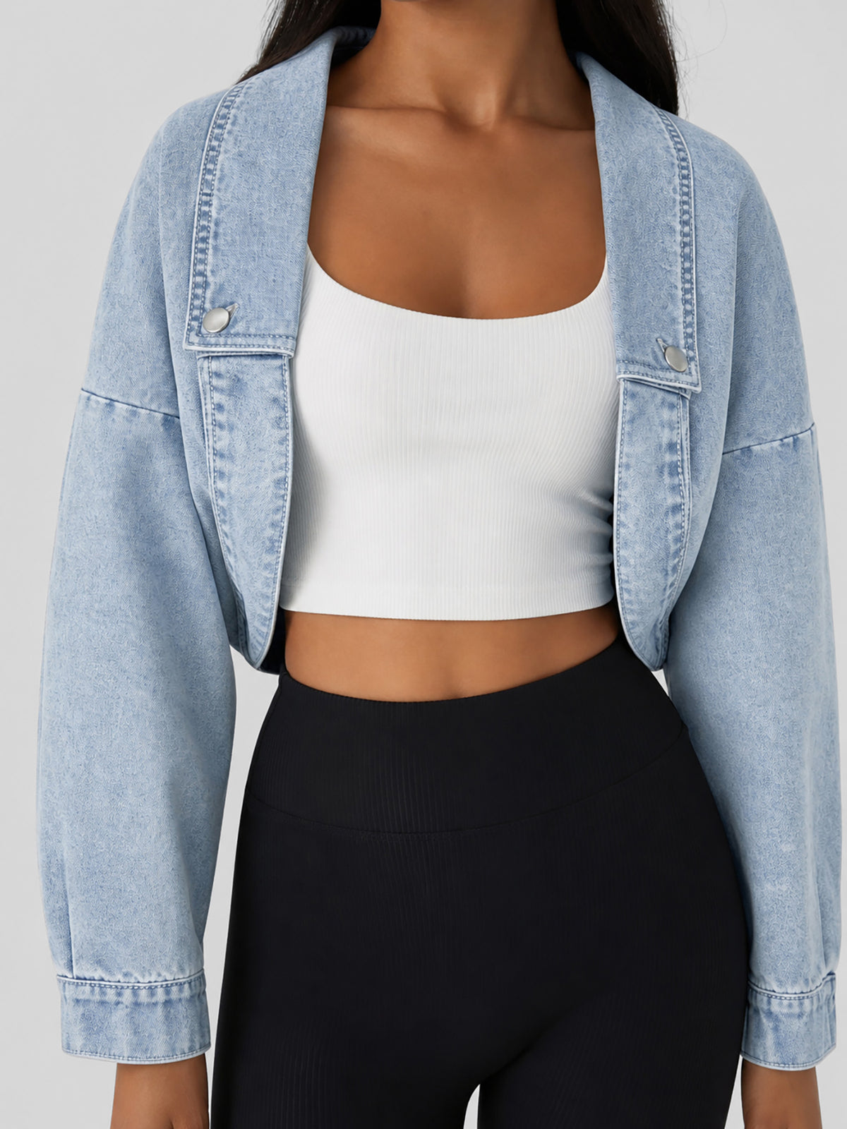 Open-Front Cropped Denim Jacket in Light Wash