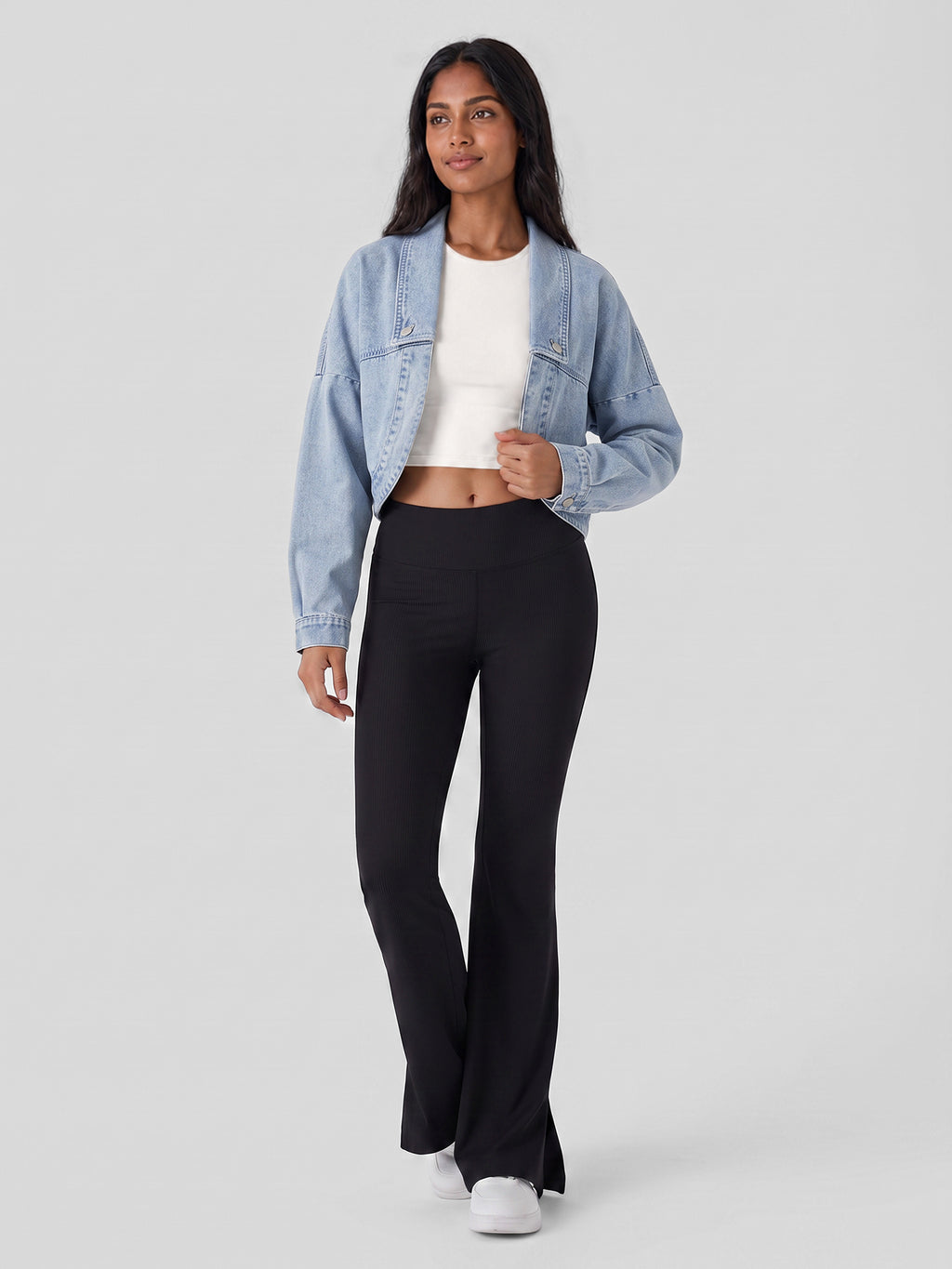 Open-Front Cropped Denim Jacket in Light Wash