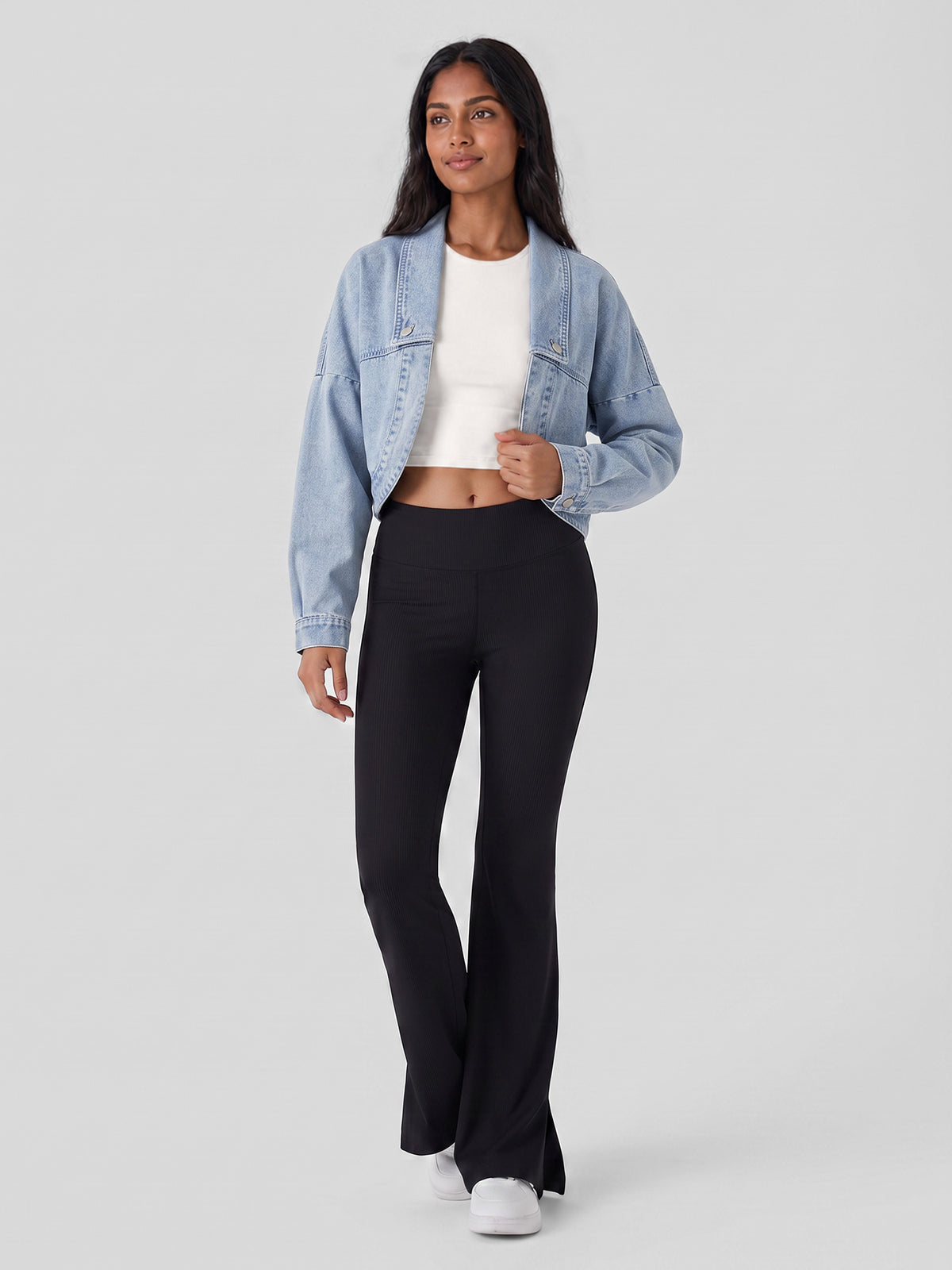 Open-Front Cropped Denim Jacket in Light Wash