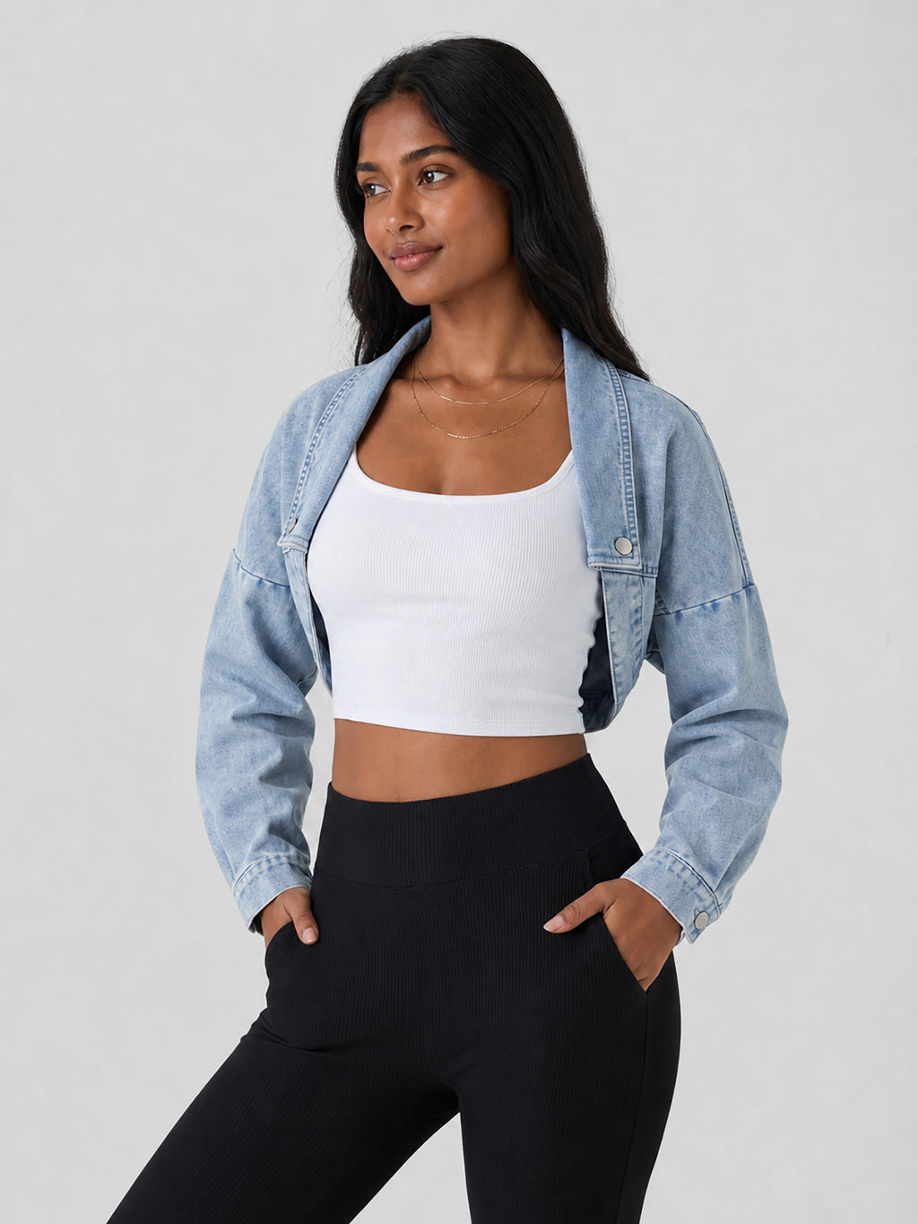 Open-Front Cropped Denim Jacket in Light Wash