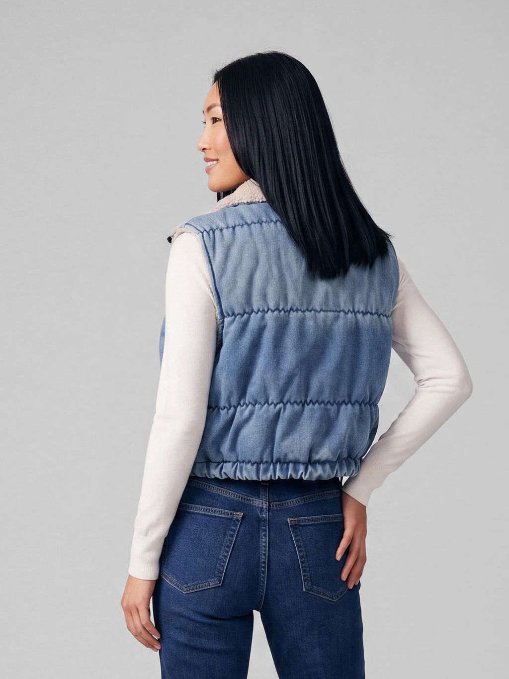 Reversible Sherpa Denim Vest in Light Wash