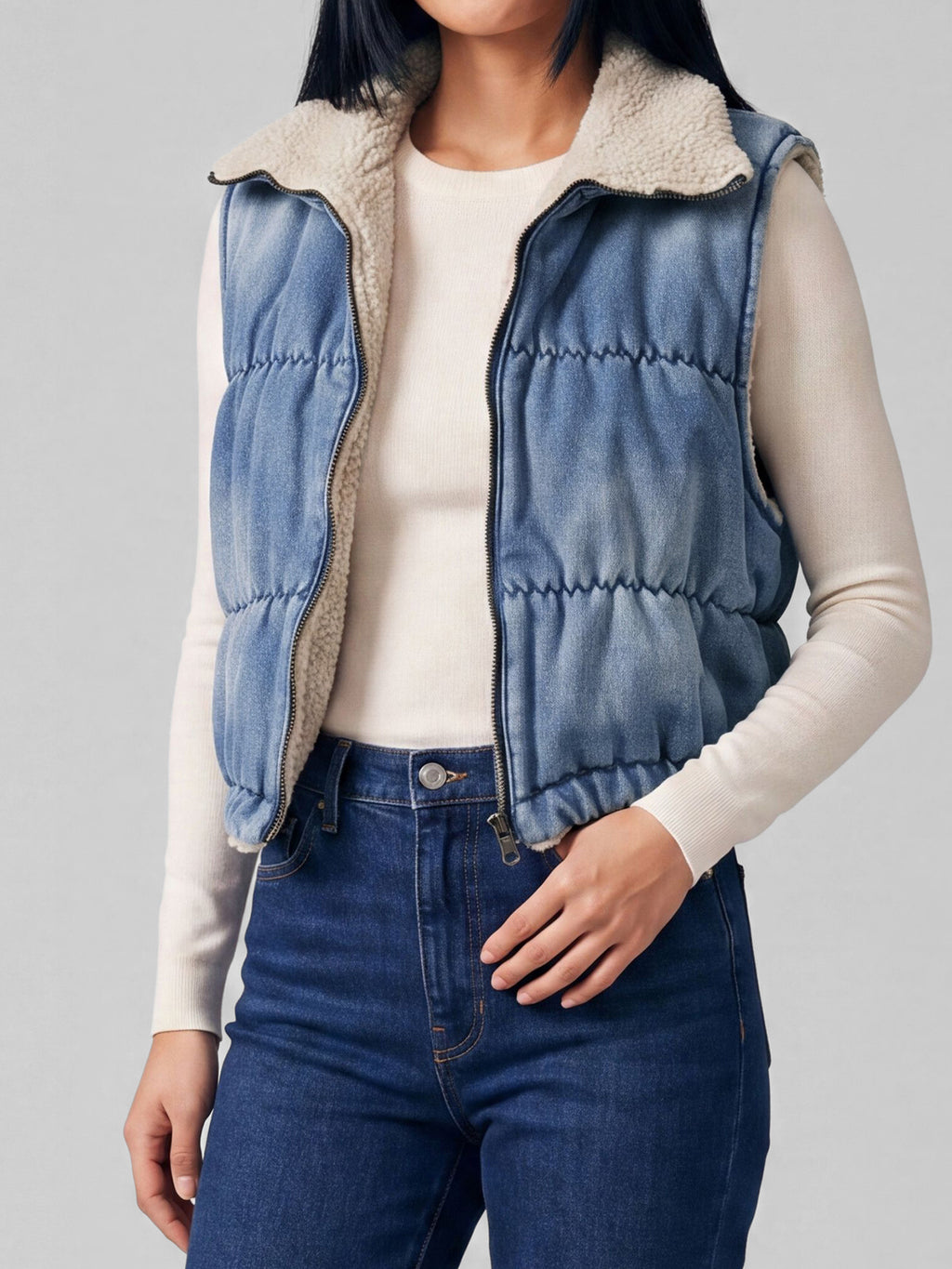 Reversible Sherpa Denim Vest in Light Wash