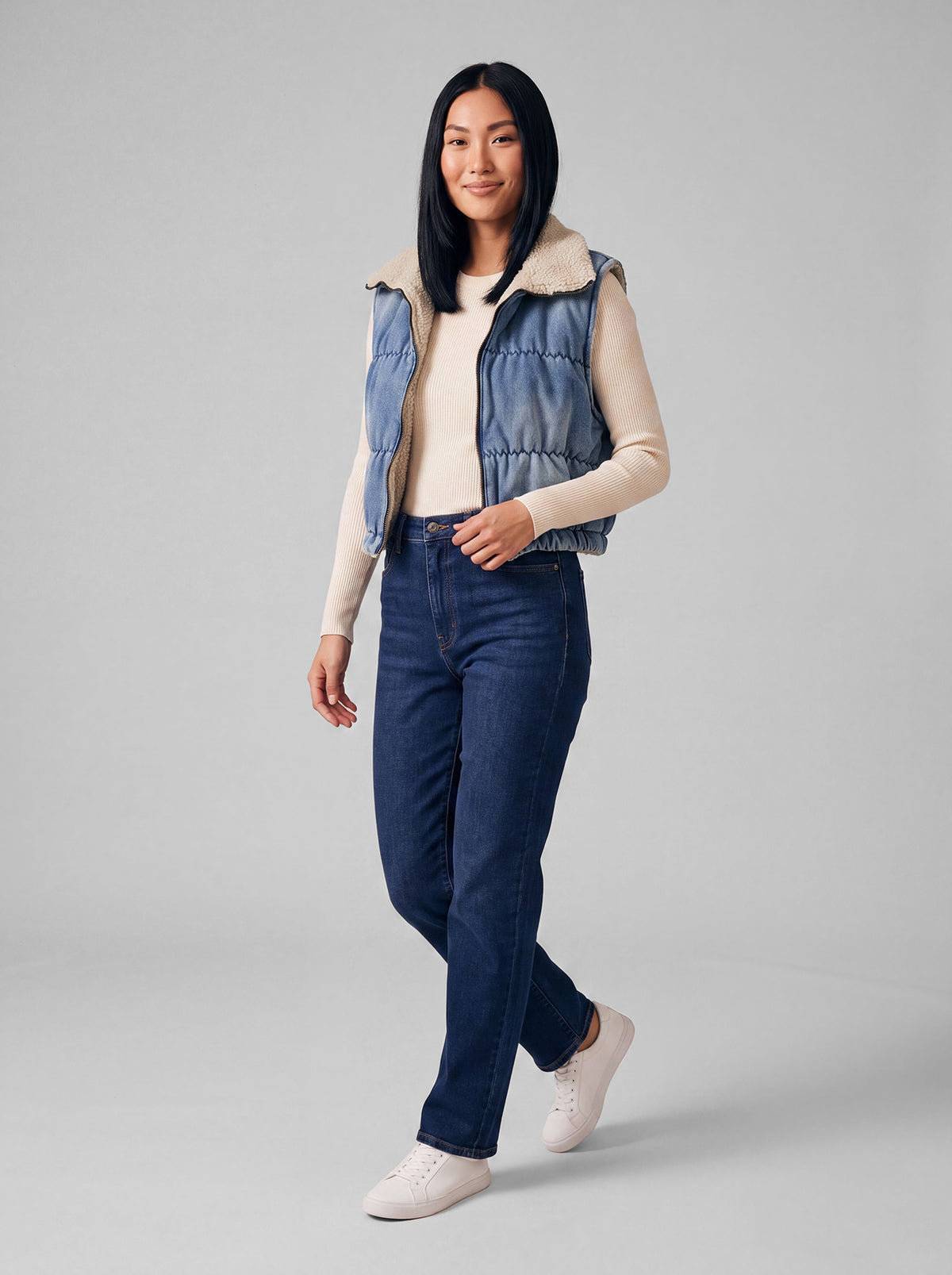 Reversible Sherpa Denim Vest in Light Wash