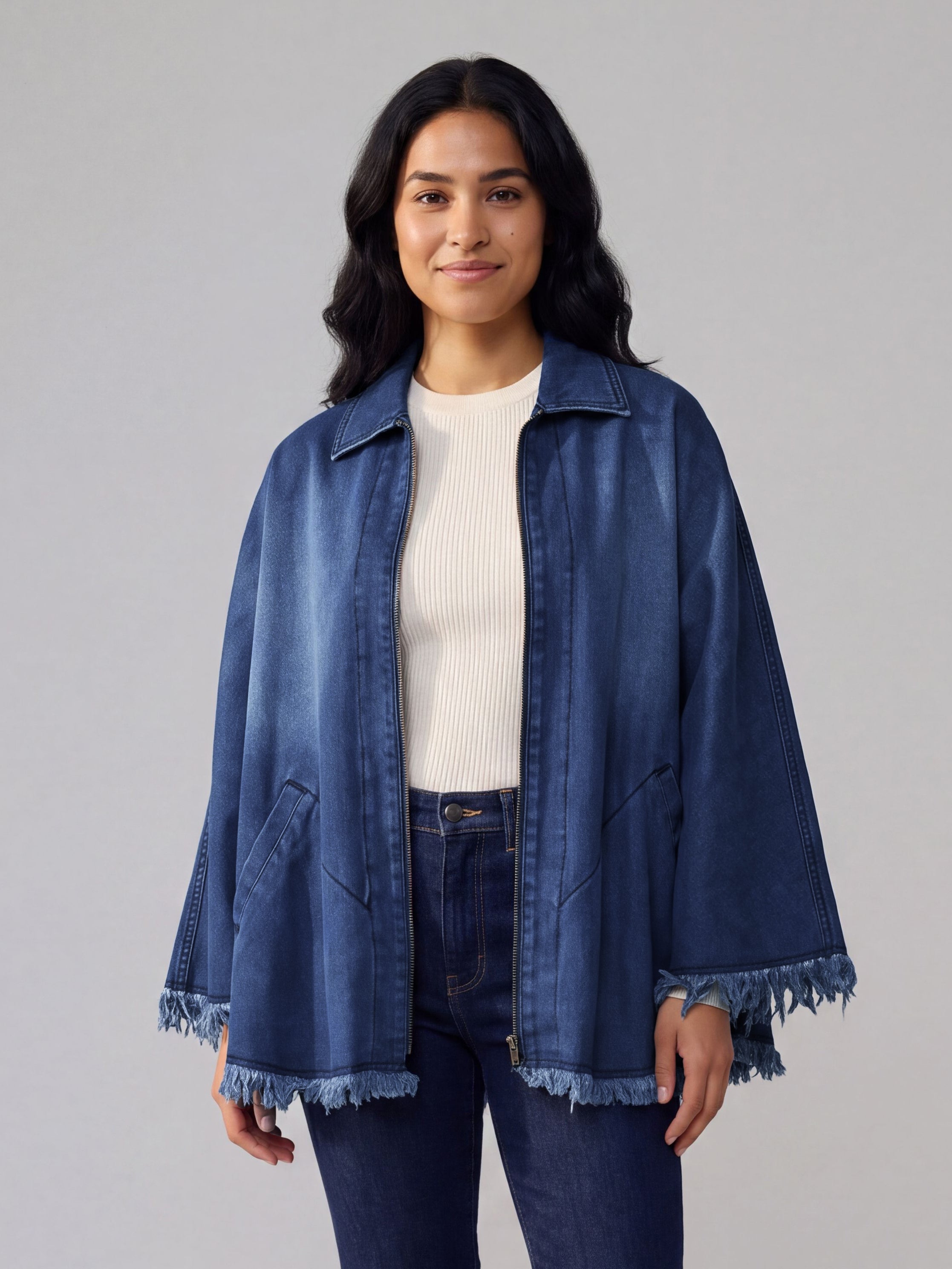 Frayed Denim Cape in Dark Wash