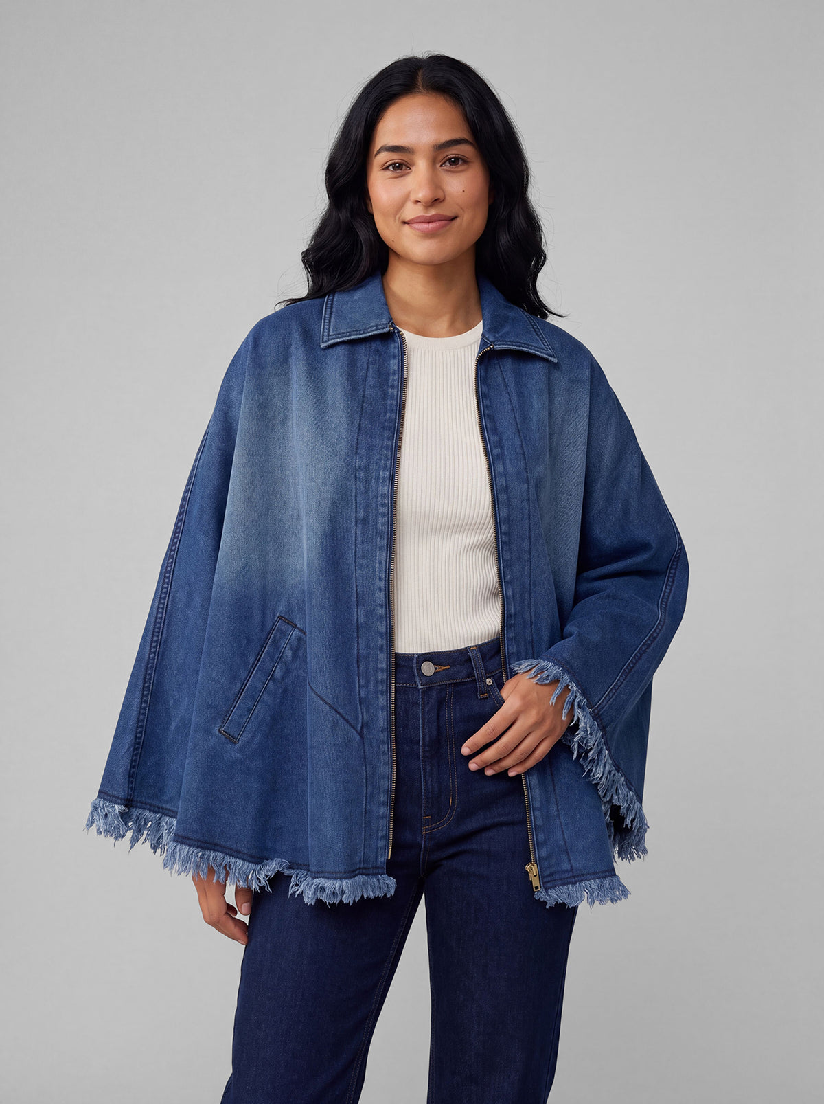 Frayed Denim Cape in Dark Wash