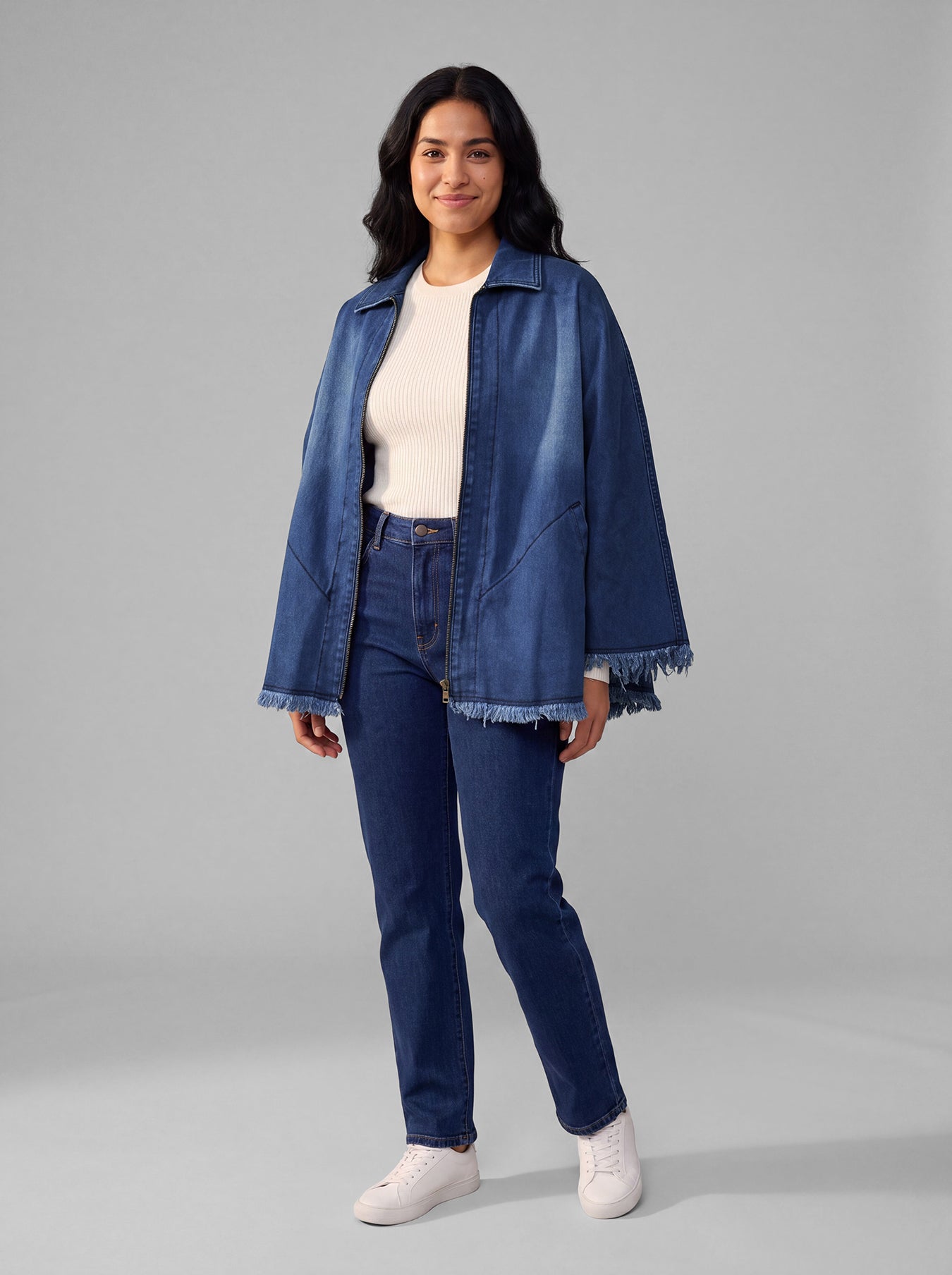 Frayed Denim Cape in Dark Wash