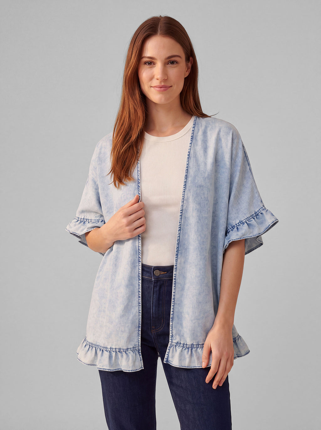 Ruffle-Trim Denim Kimono in Light Wash