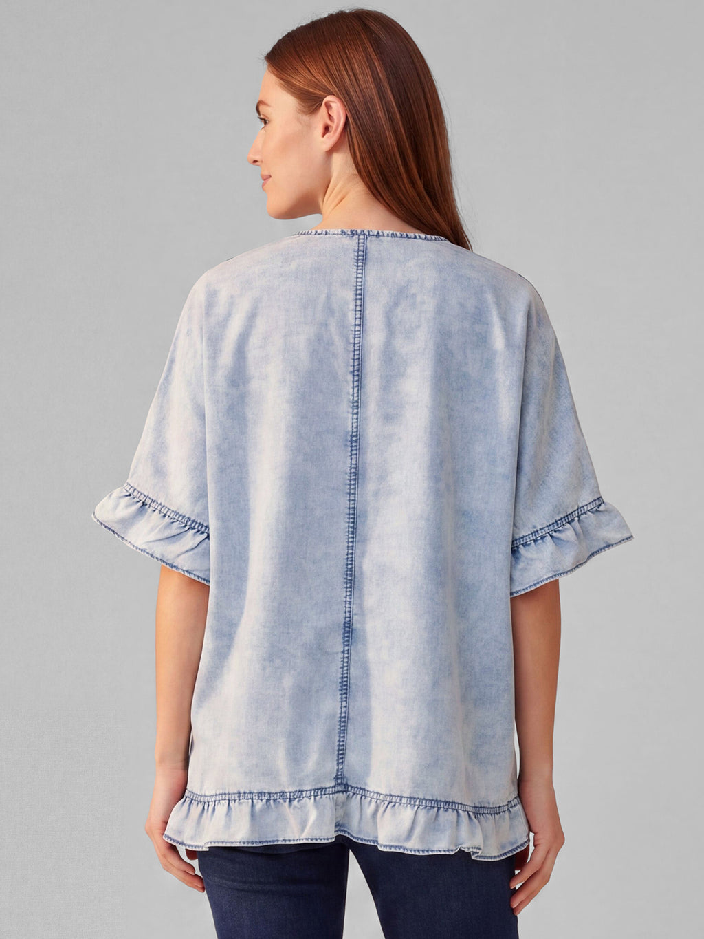 Ruffle-Trim Denim Kimono in Light Wash