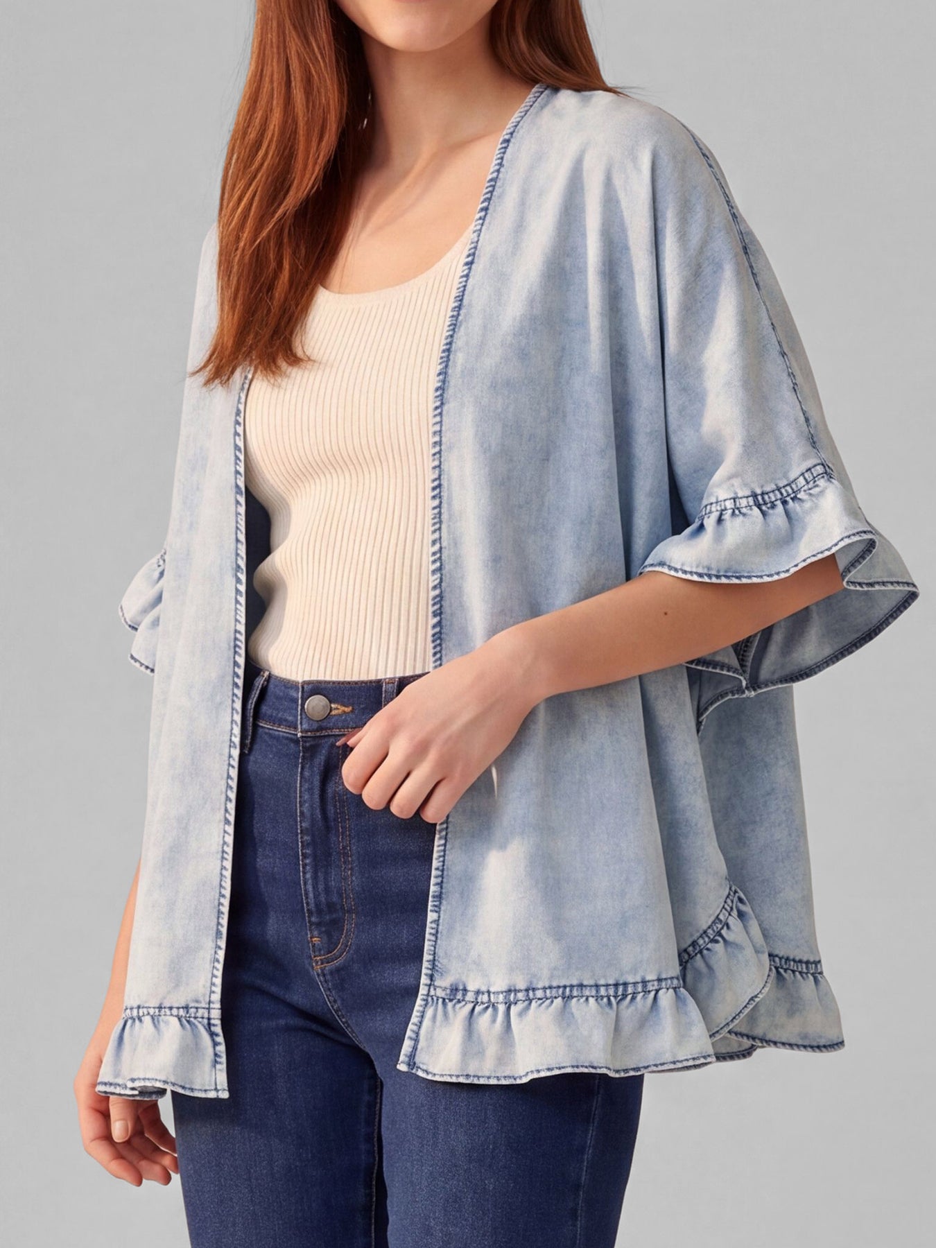 Ruffle-Trim Denim Kimono in Light Wash