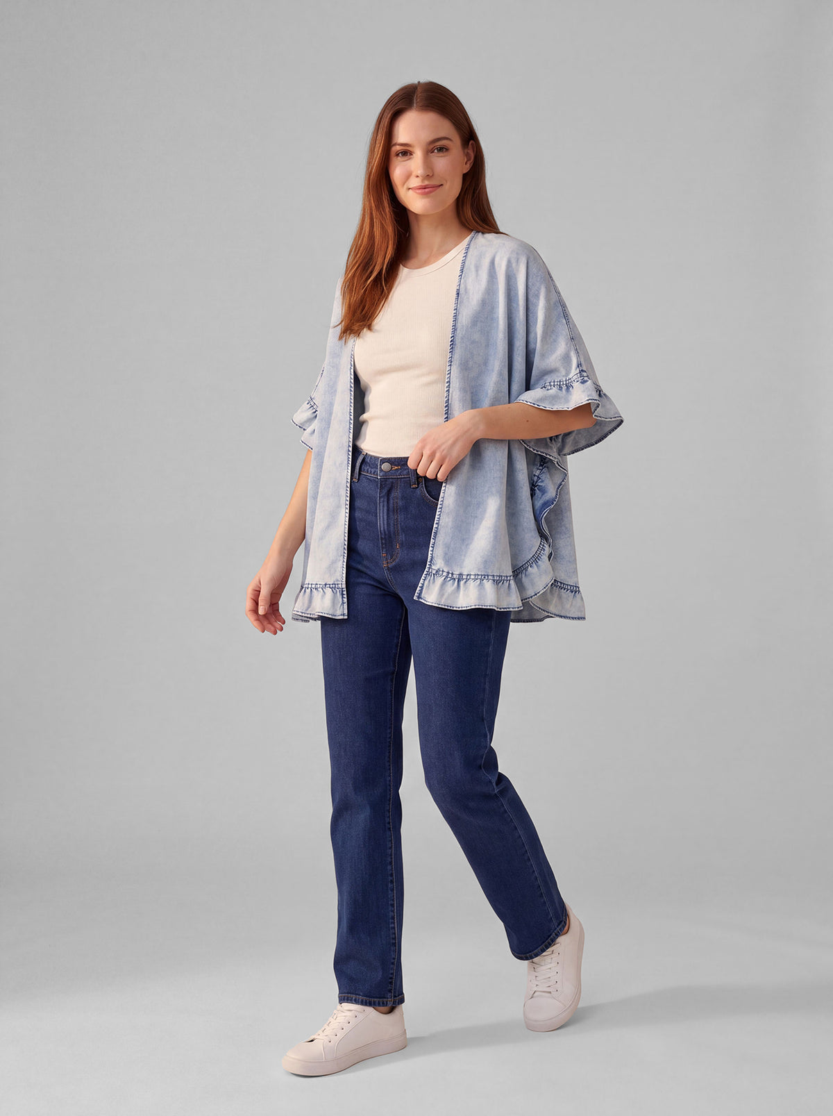 Ruffle-Trim Denim Kimono in Light Wash