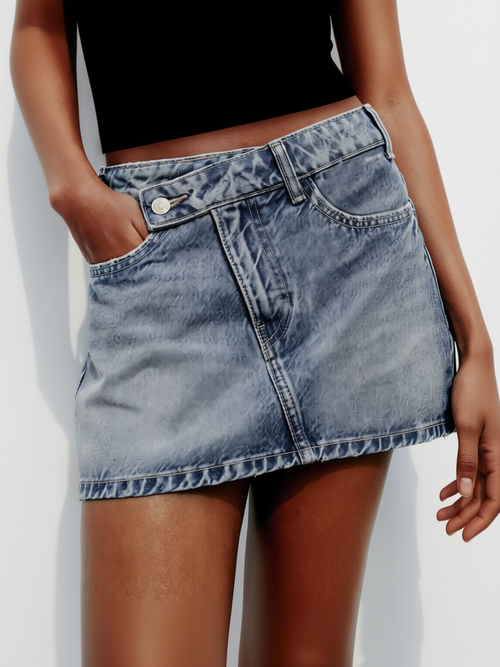 Asymmetric-Waist Denim Mini Skirt