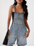 Light wash denim overall shorts — full-length front on model — Paola Riboni