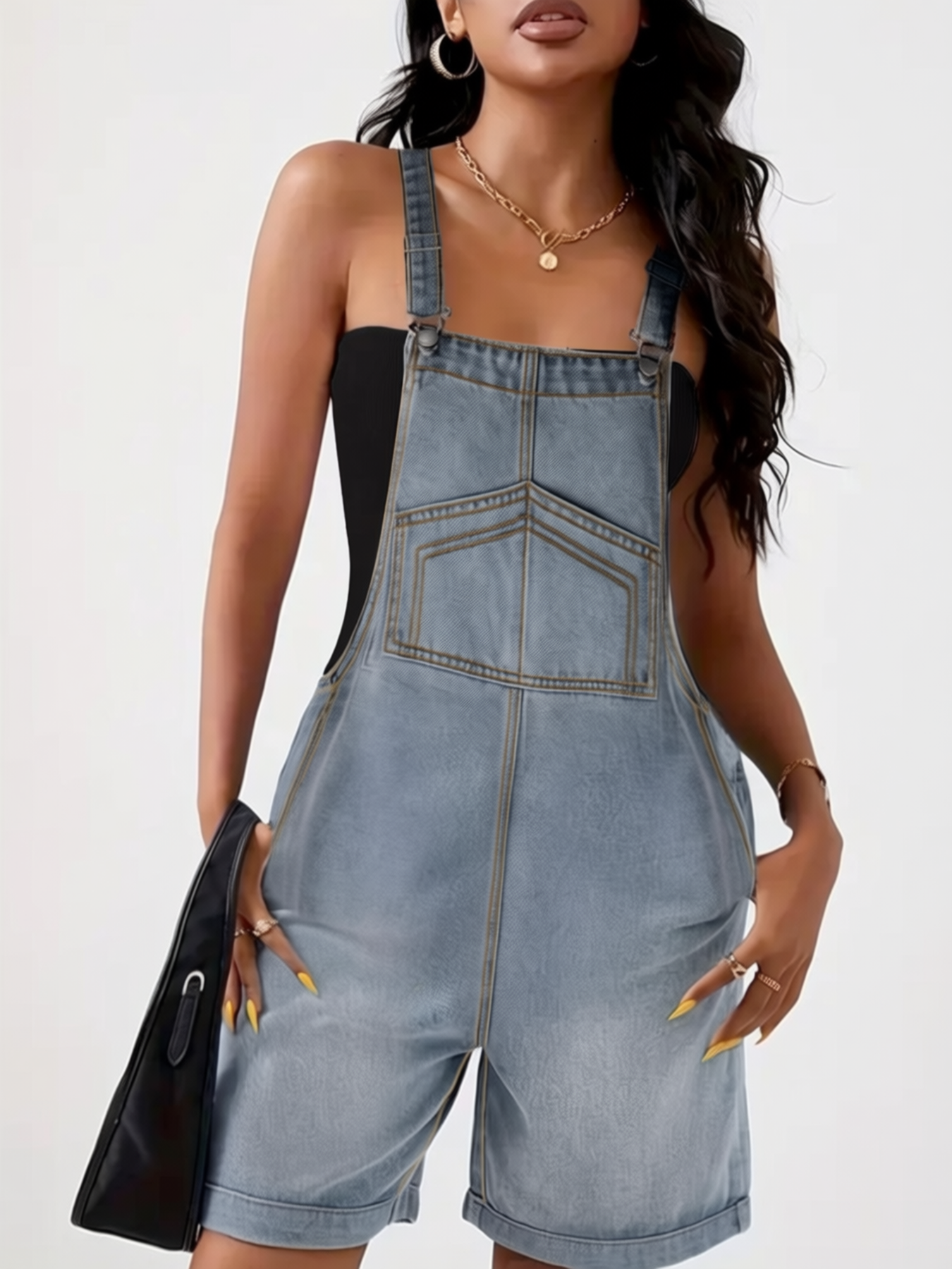 Light wash denim overall shorts — full-length front on model — Paola Riboni