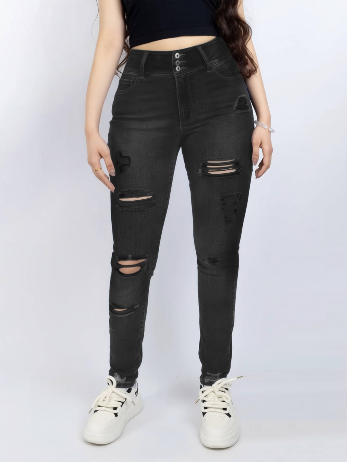 Washed black distressed skinny jeans — front view — Paola Riboni