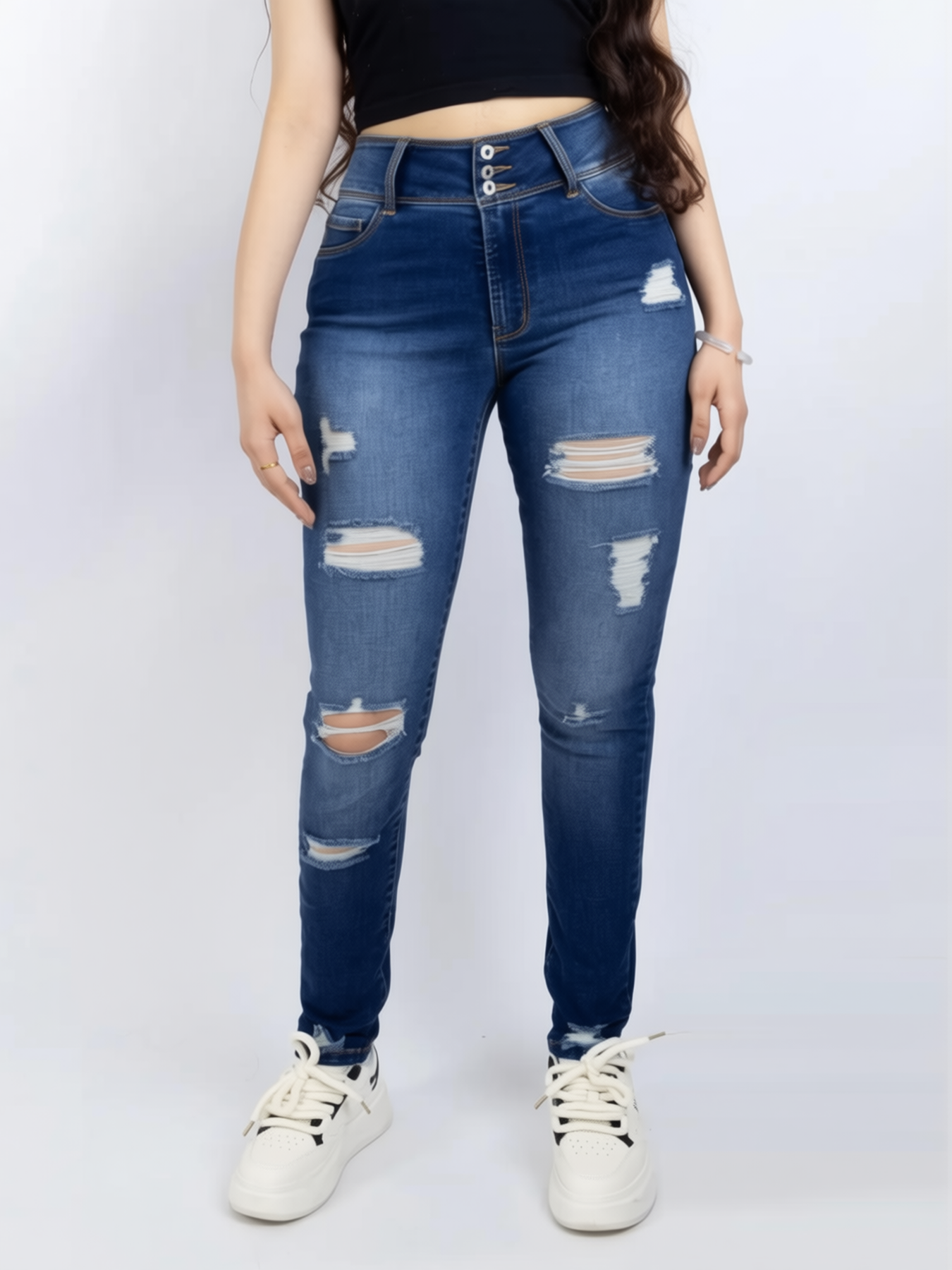 Dark wash distressed skinny jeans — front view — Paola Riboni